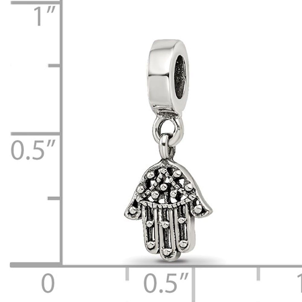 Sterling Silver 925 Hamsa Dangle Bead with Antiqued Finish Solid Casted Design - Picture 3 of 4